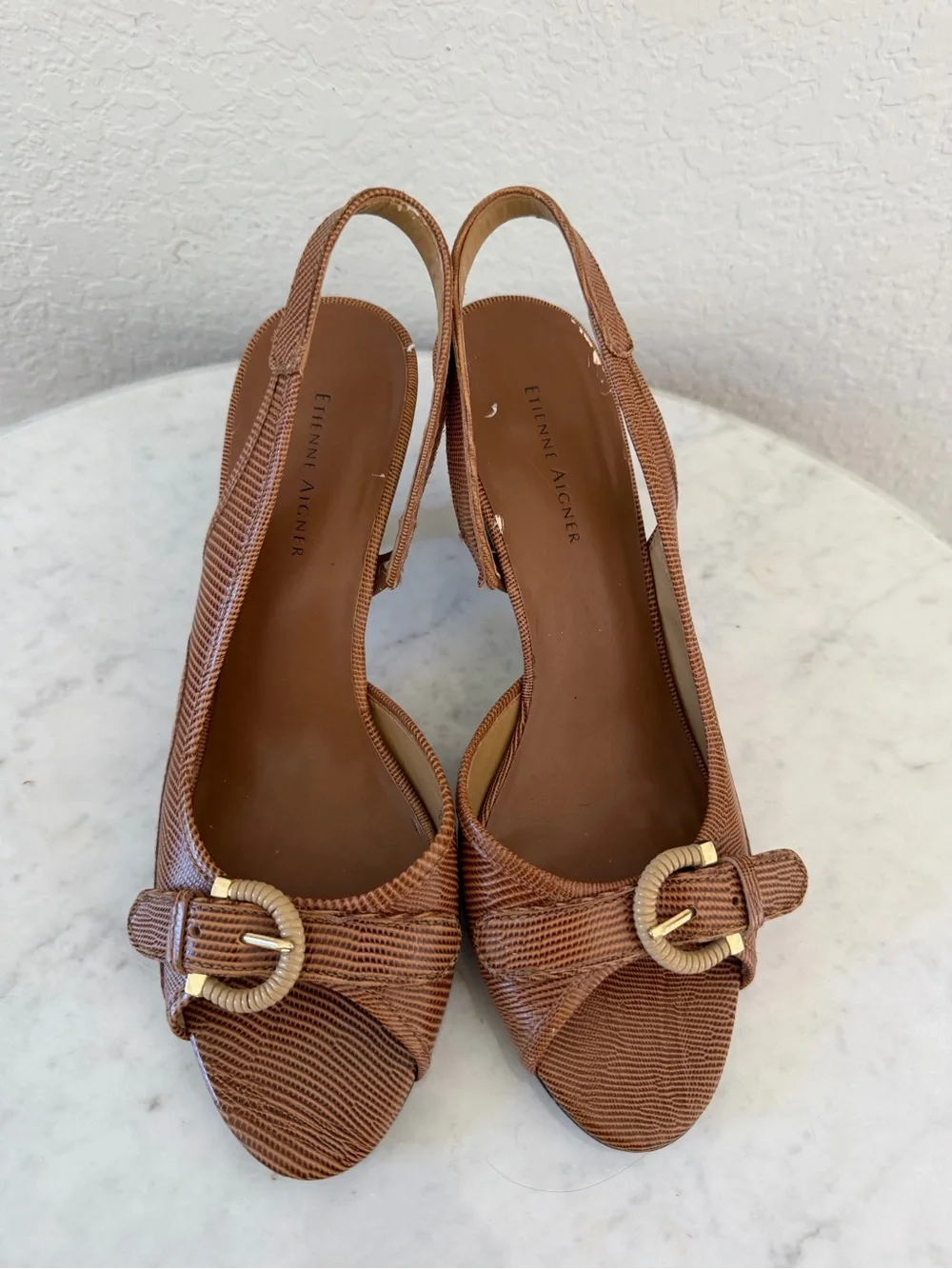 Vintage Y2K Etienne Aigner Brown Lizard Embossed Leather Slingback Heels 7.5